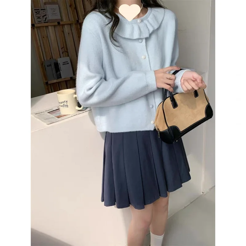 

Sweater Coat Gentle Blue Doll Collar Outerwear Anti-Aging Sweet Korean Style College Wind Loose Short Knitted Cardigan