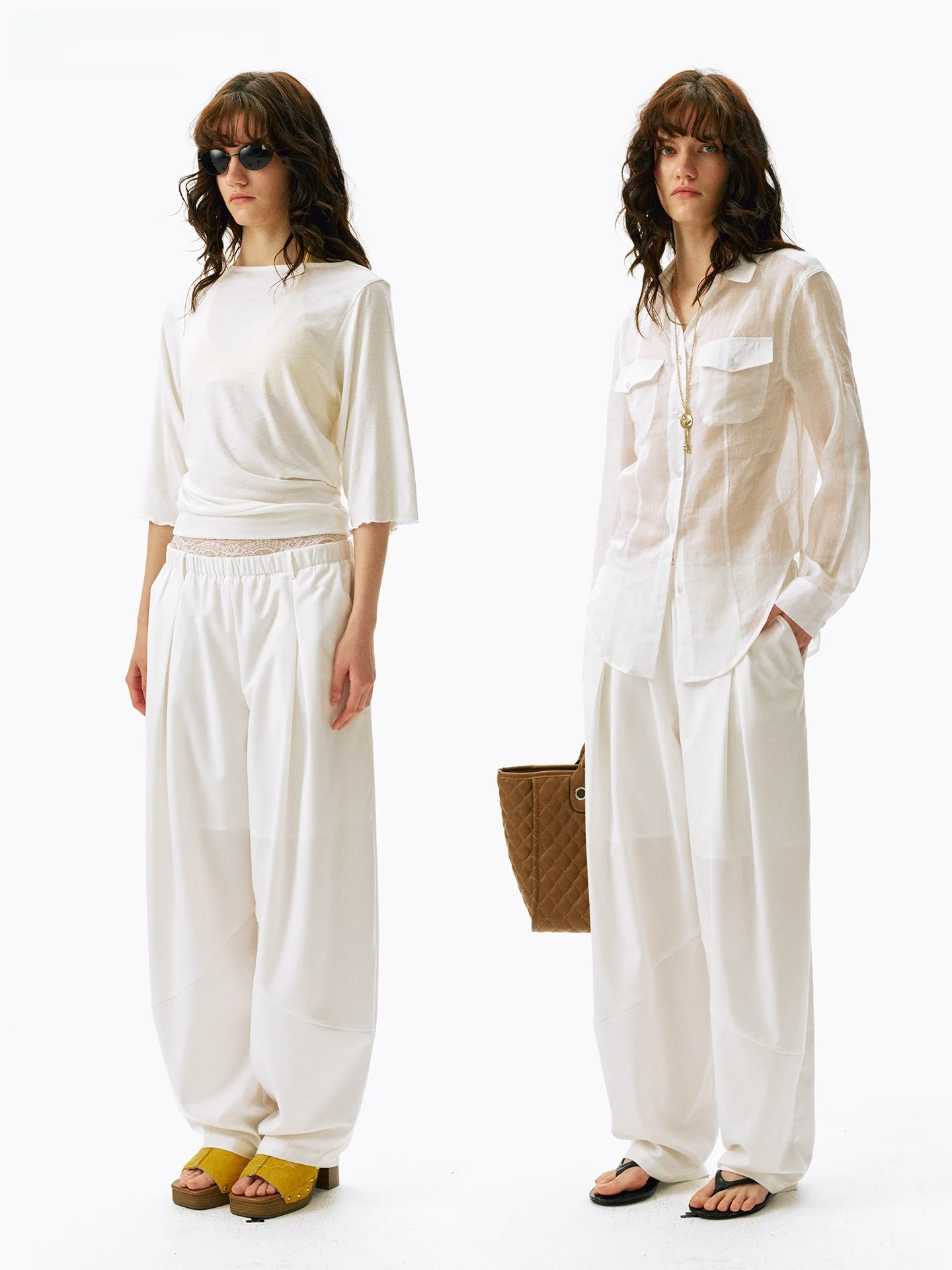 

Casual White Lace Splicing 3D Tailoring Draped Leisure Pants Wide Leg mid Waist Elegant Ladylike Office Wear Spring Collection