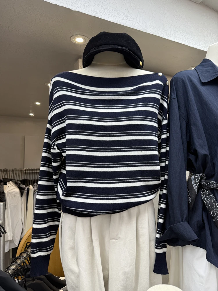 

Новый осенне-зимний женский свитер Dongda Gate в корейском ретро-стиле, вязаный, в полоску, с длинным рукавом, на одно плечо, облегающий трикотажный джемпер