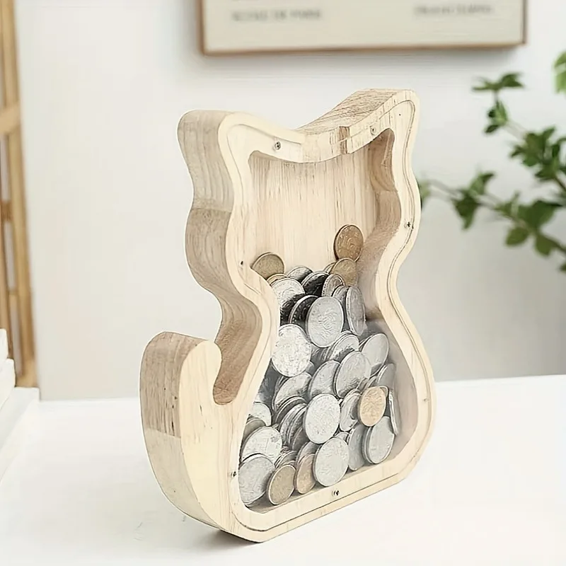 1pcs Wooden Cat-shaped Coin Bank with Transparent Plastic Lid, Coin Storage, Perfect Gift for Festivals, Home Table Storage