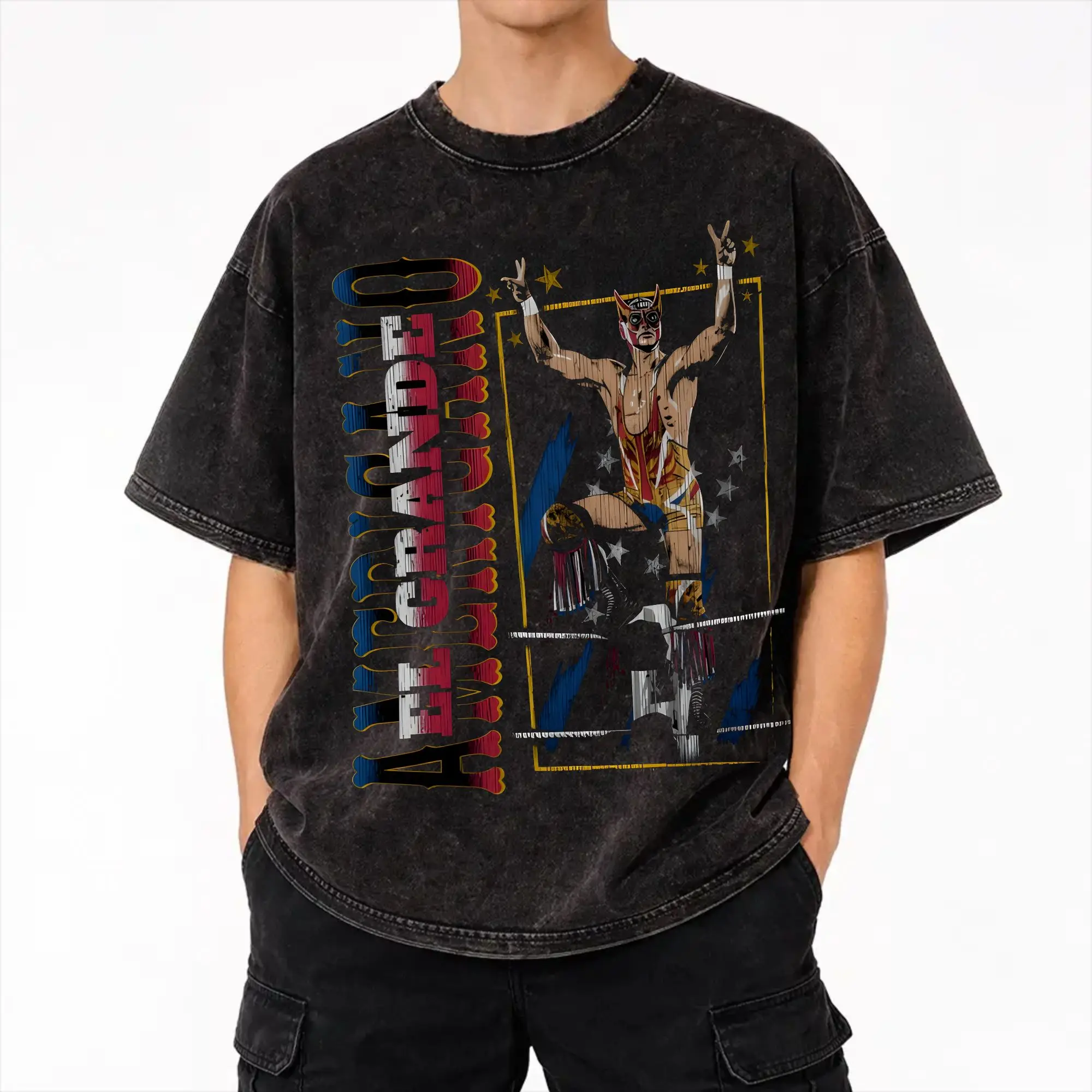 Printed El Grande Americano Pro Wrestling  Washed T Shirt Outfit Harajuku T-Shirts  Men Women Tee