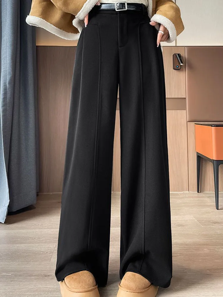 سراويل مستقيمة فضفاضة على الموضة الكورية للسيدات غير رسمية عالية الخصر مخملية مبطنة بأرجل واسعة سراويل شتوية دافئة متينة وسميكة Spodnie #5