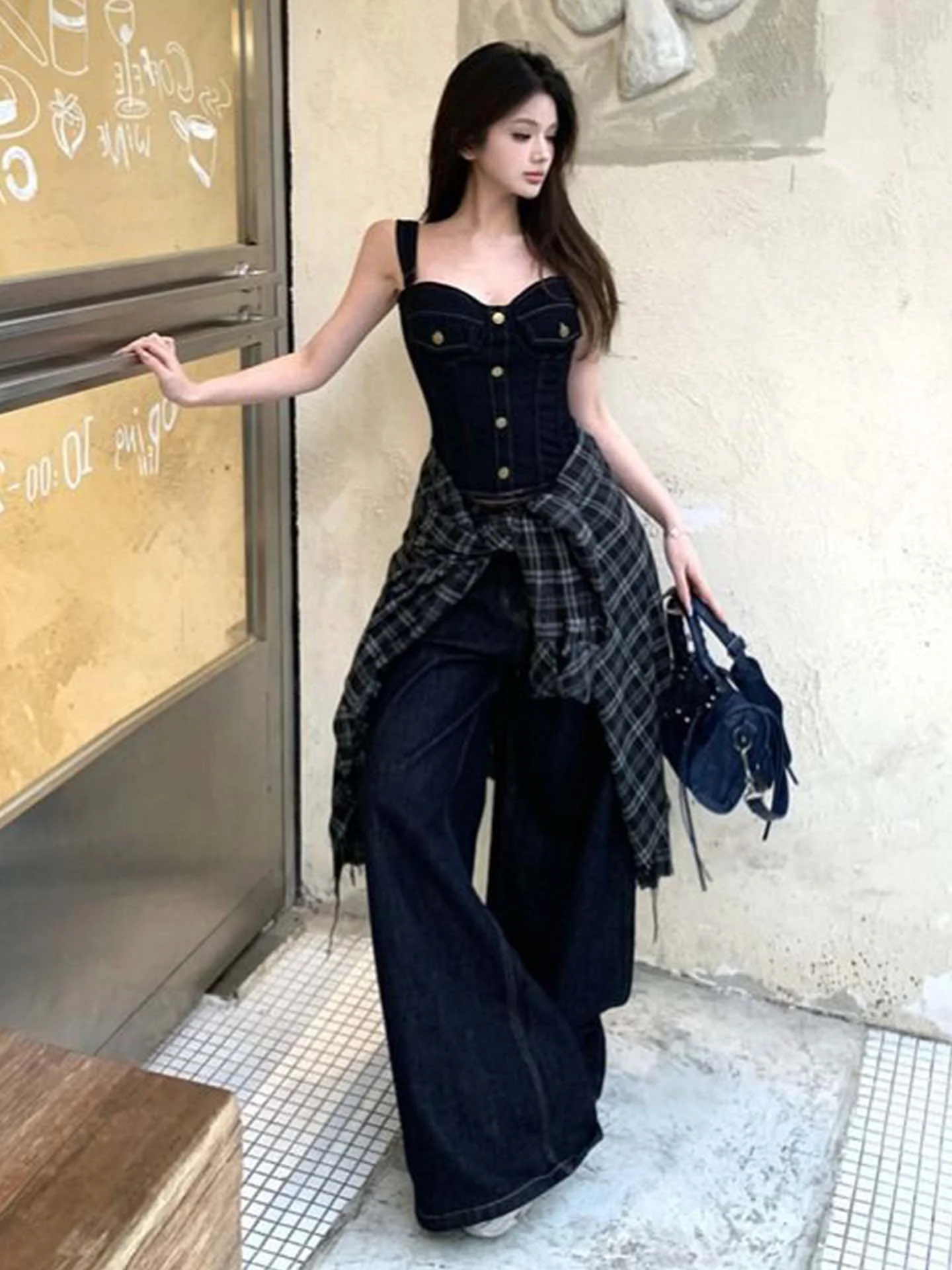 

Джинсовый комплект в стиле ретро для горячих девушек, женские летние уличные модные свободные широкие брюки длиной до пола, повседневные джинсы с высокой талией