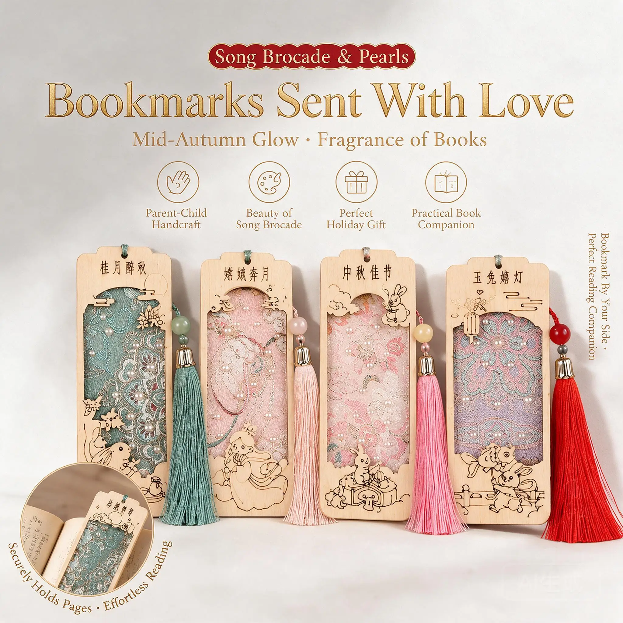 Mid Autumn Festival Diy Song Brocade Wooden Bookmark Kit Pearl Tassel Handmade Craft For Team Building Parent Child Reader Gift