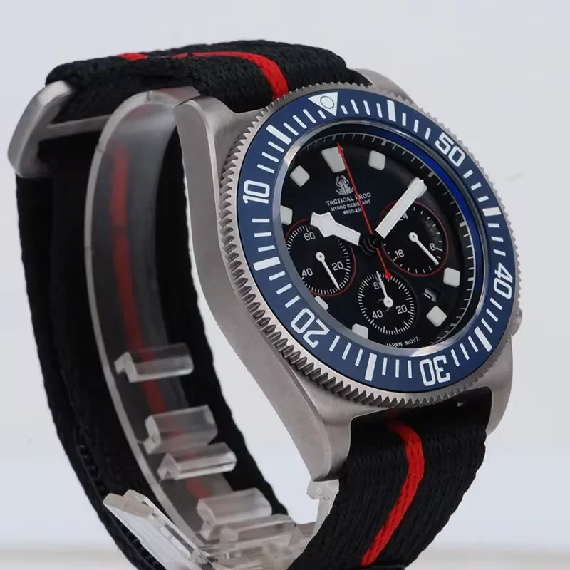 Tactical Frog 42mm Men\'s Titanium FXD Chronograph Diver Watch Blue Dial Sapphire VS75B Quartz Movement 20Bar BGW-9 Blue Luminous