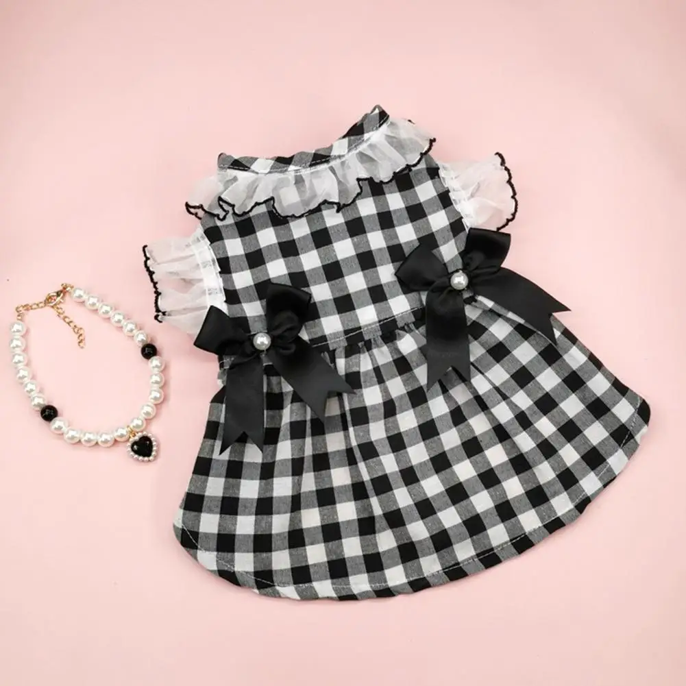 

Pet Summer Dress Dog Bowknot Dress Round Neck Lace Patchwork Fake Pearls Decor Plaid Print Pet Dog Cat Princess Dress