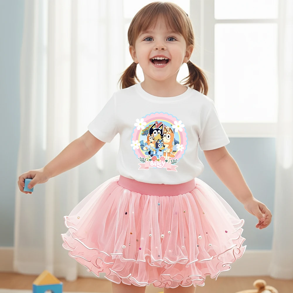 Bluey 2Pcs/Set Girl Dress Kid Birthday Clothes Party Princess Dress Cartoon T-shirt+Tutu Skirt Summer Evening Christmas Gift