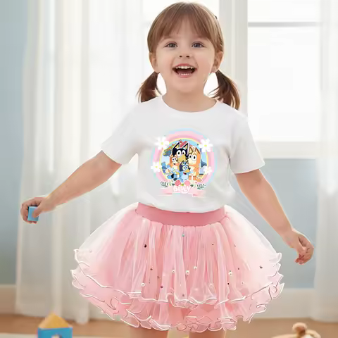 Bluey 2Pcs/Set Girl Dress Kid Birthday Clothes Party Princess Dress Cartoon T-shirt+Tutu Skirt Summer Evening Christmas Gift
