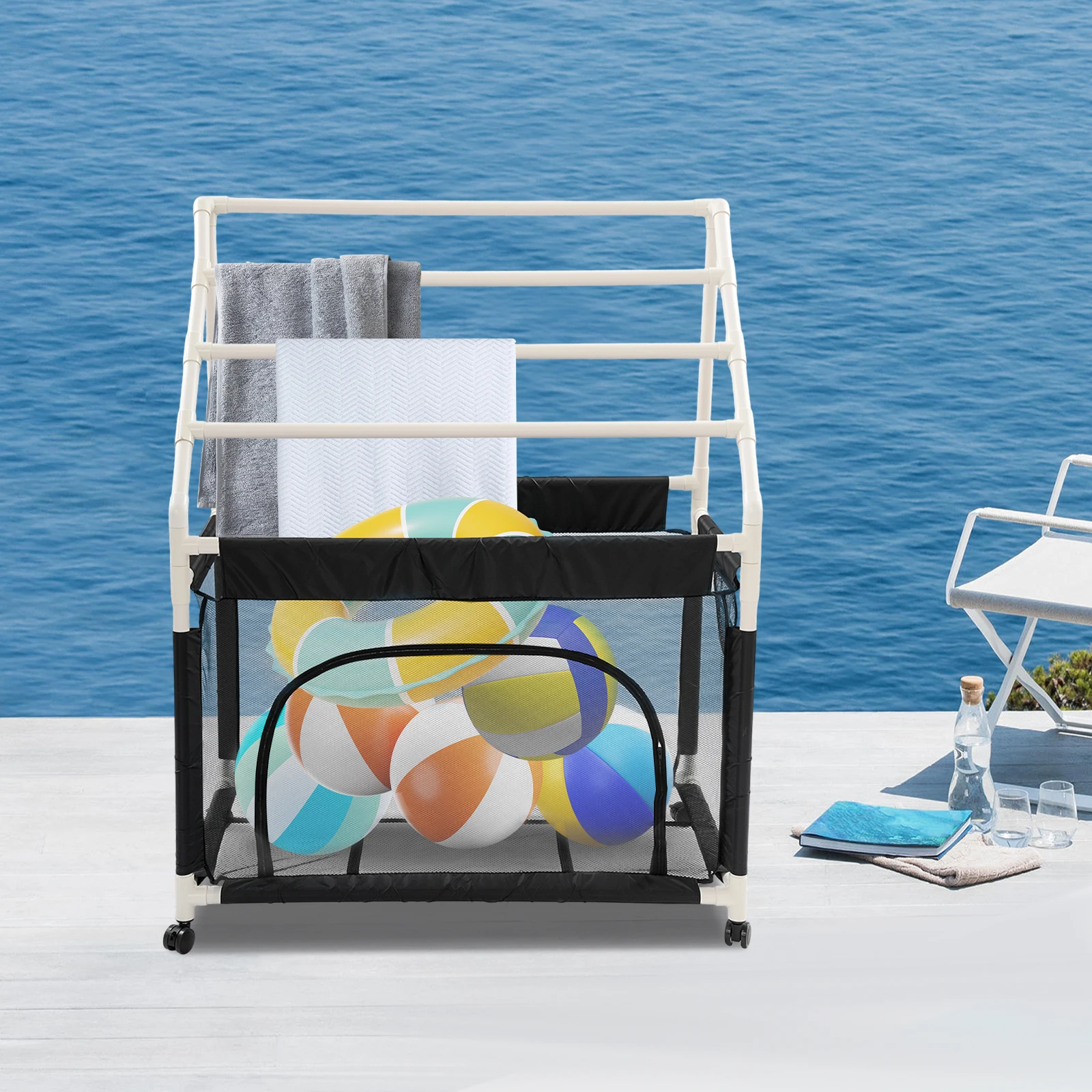 

Pool Storage Bin, Rolling Pool Noodle Storage Organizer Bin, Mesh Organizer for Swimming Equipments, Outdoor Towel Rack with Net