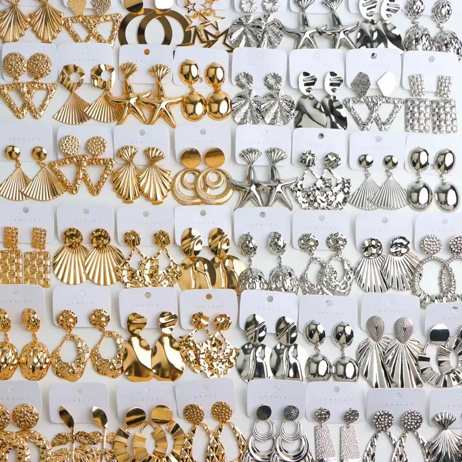 10/20 Pairs/Lot Exaggerated Chunky Metal Big Drop Earrings For Women Geometric Pattern Mixed Vintage Jewelry Daily Party Gifts