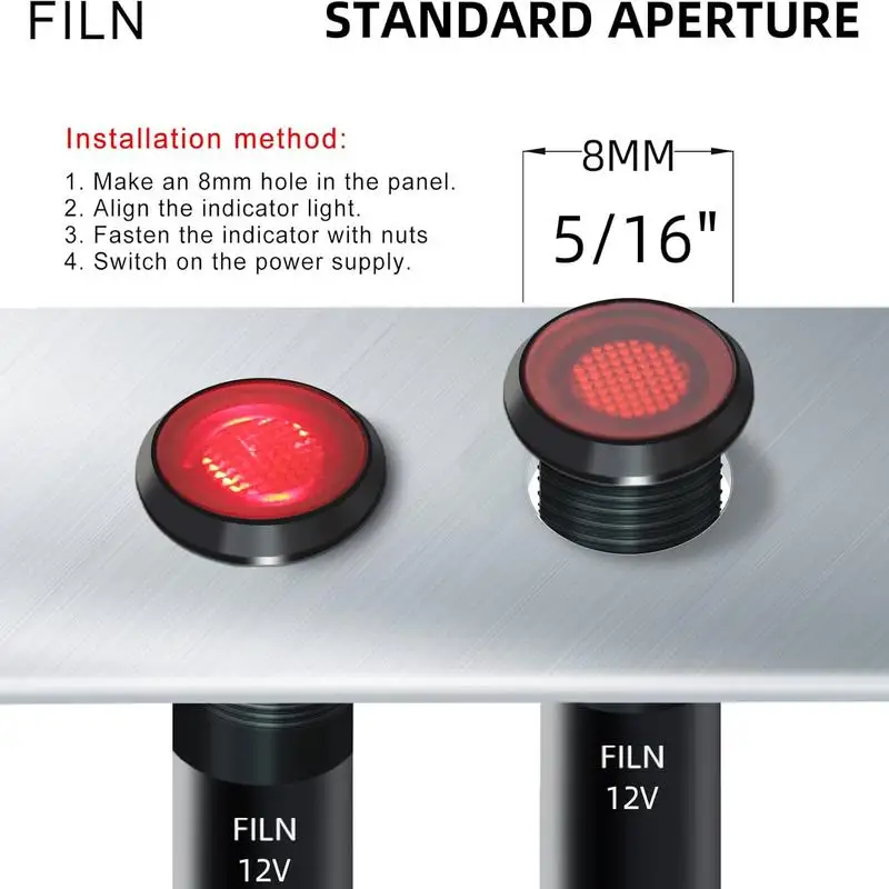 FILN 5-Unit 8MM (5/16'') LED Light Panel Mounted Flat Head LED Light Panel Black Metal Shell Mini 12V 24V With 20cm Cable