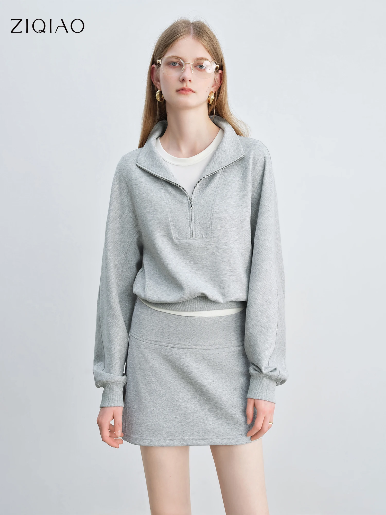 ZIQIAO Petite Women's Tencel Cotton Half-High Collar Raglan Sleeves Half Zip Sweater 2025 Autumn Collection New Item 25ZQ93100