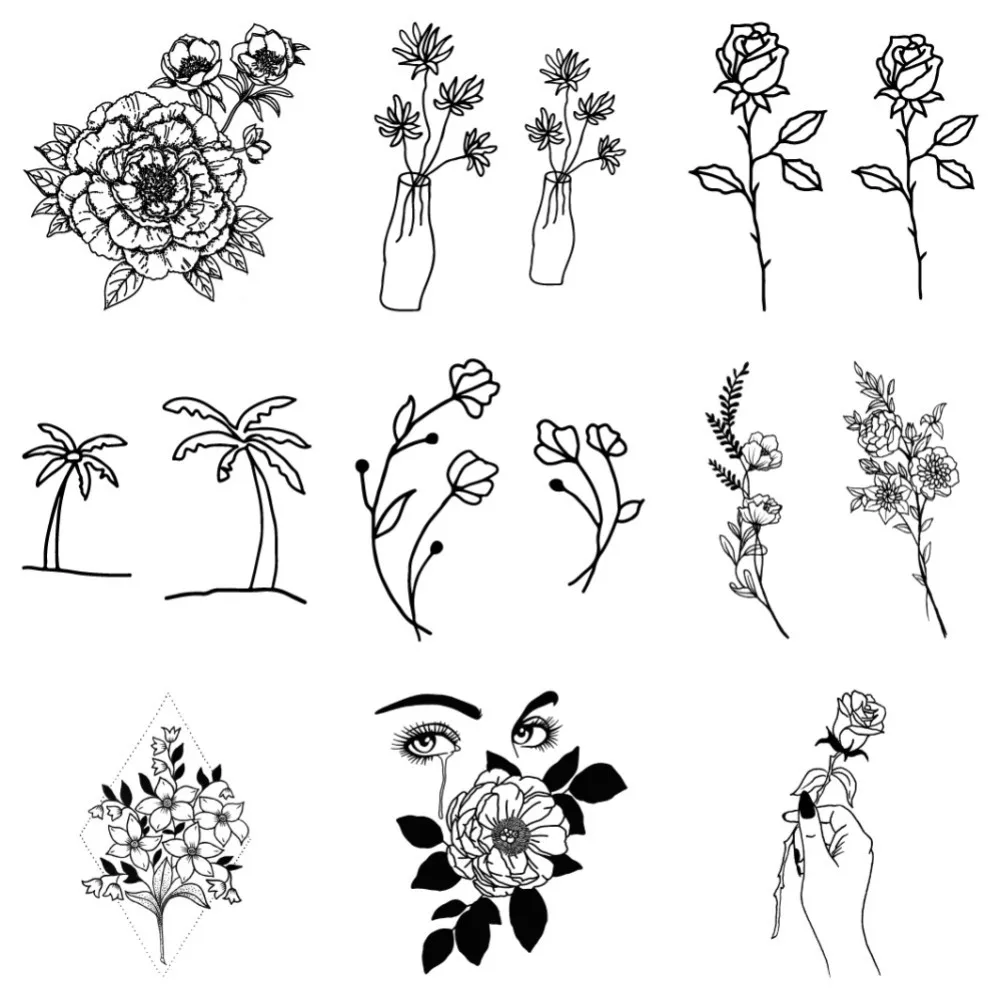 Small Size Sketch Flower Waterproof Temporary Tattoos, Black Minimalist Rose Pattern Female, Body Art Hand Finger Tattoo Sticker