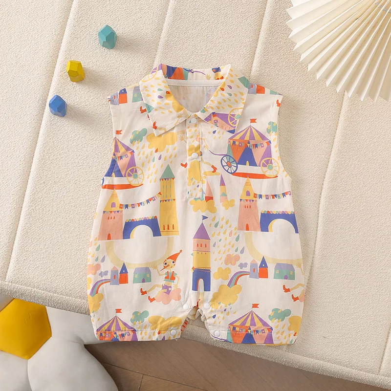 Summer Sleeveless Baby Romper Castle Clown Print  Infant Romper Forest Style Wide Shoulder Todder Jumpsuit Cute Baby's Clothing