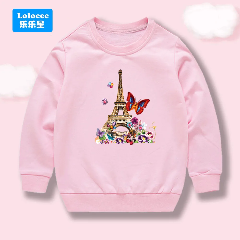 

2025 Autumn Kids Sweatshirt Flowers and Butterfly Eiffel Tower Printed Girls' Tops Round Neck Long Sleeve Cotton Pullovers BLTT1