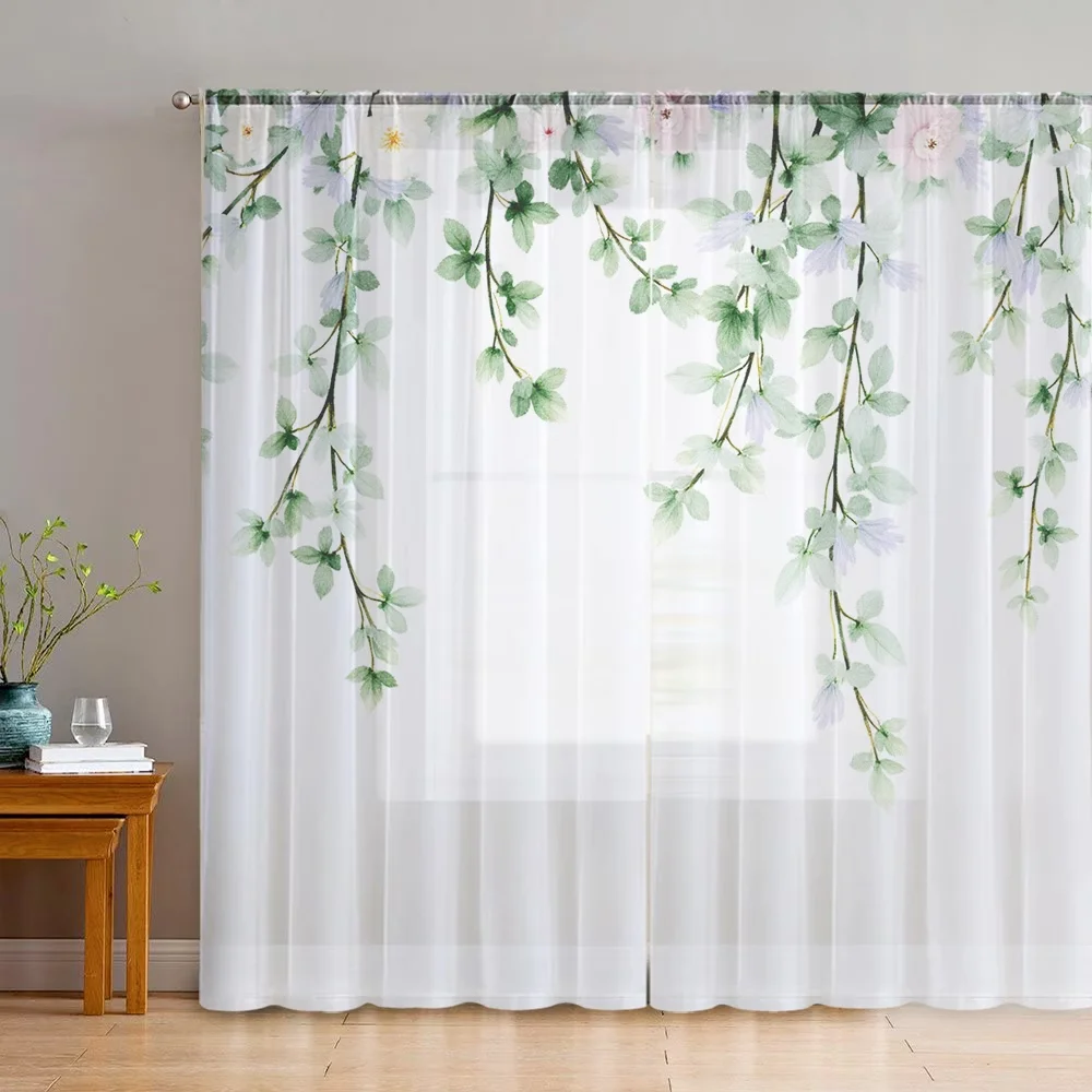 2PCS Digital Printed Sheer Curtain, Green Drooping Branches, Weeping Willow Botanical for Living Room Bedroom Home Decor