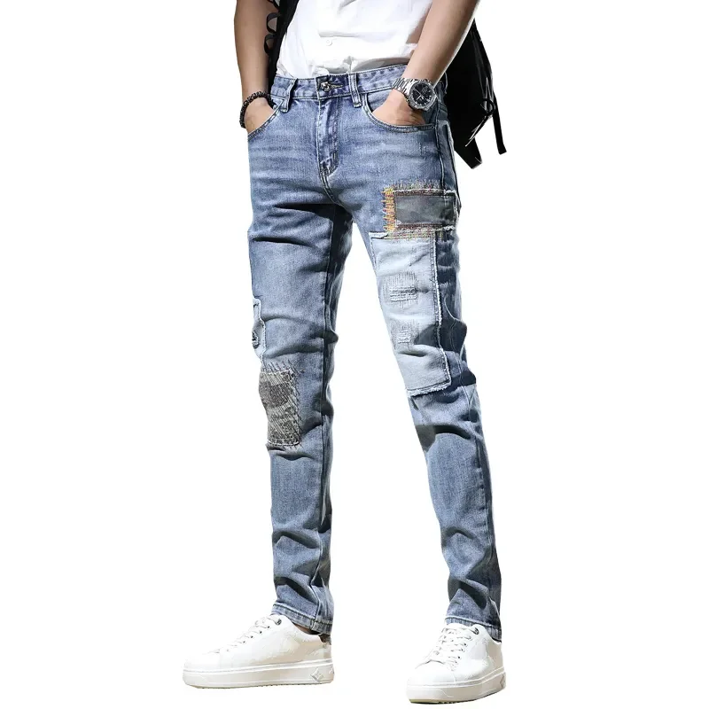 Summer New Korean Fashion Trend Casual Embroidery Straight Stretch Jeans Men's Patchwork Button Zipper Pockets Wash Slim Pants