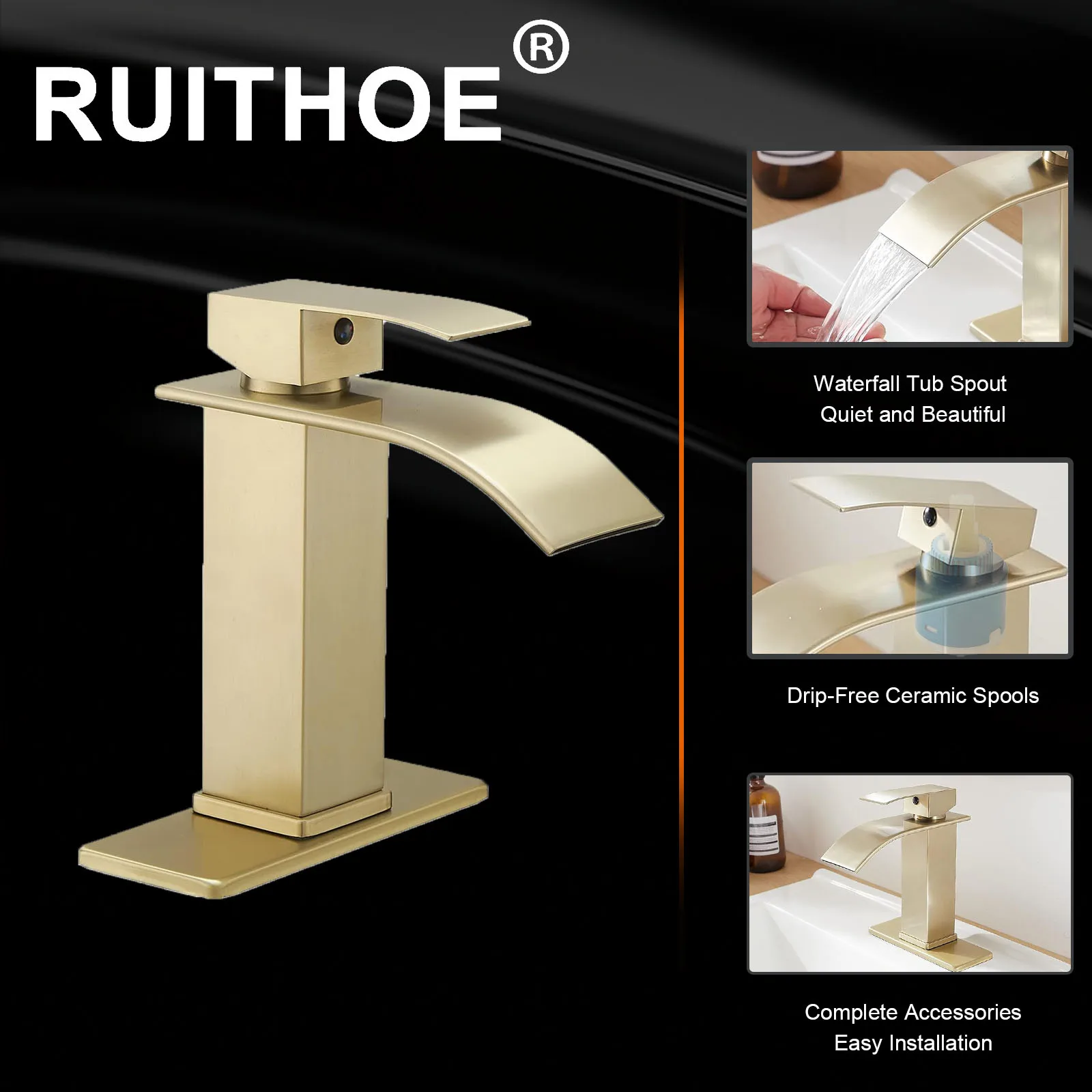 Rubinetto per lavabo a cascata oro spazzolato/nero opaco 1 foro monocomando lavabo moderno miscelatore caldo e freddo rubinetto commerciale
