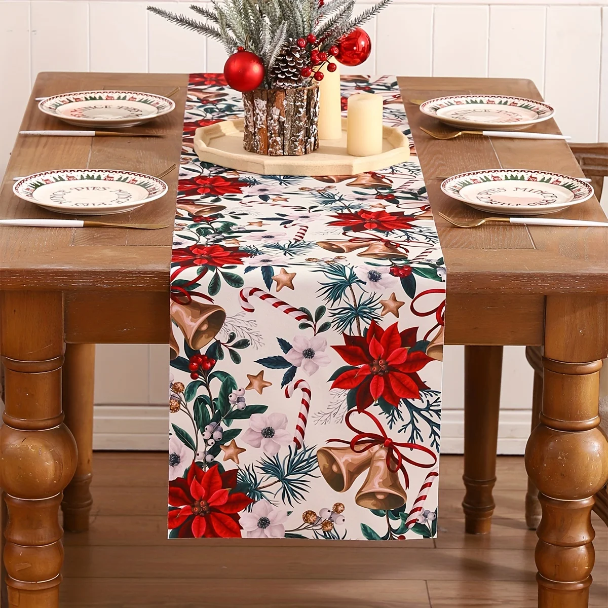 Christmas Poinsettia bell Snowflake Linen Table Runner Party Decor Winter Ball Kitchen Dining Table Runner Christmas Decorations