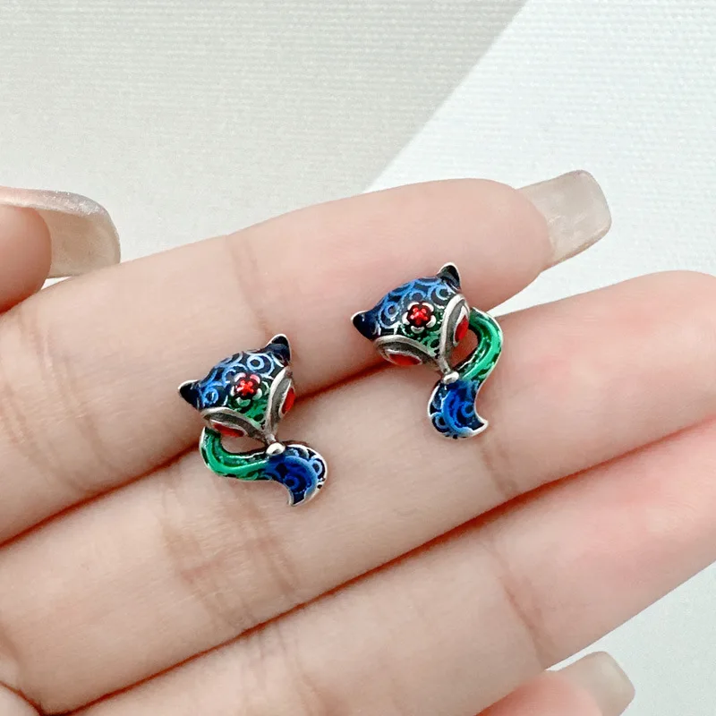 Langyan 925 Sterling Silver Enamel Colorful Fox Stud Earrings Vintage Ethnic Style Animal Small Earrings Jewelry for Women EH252