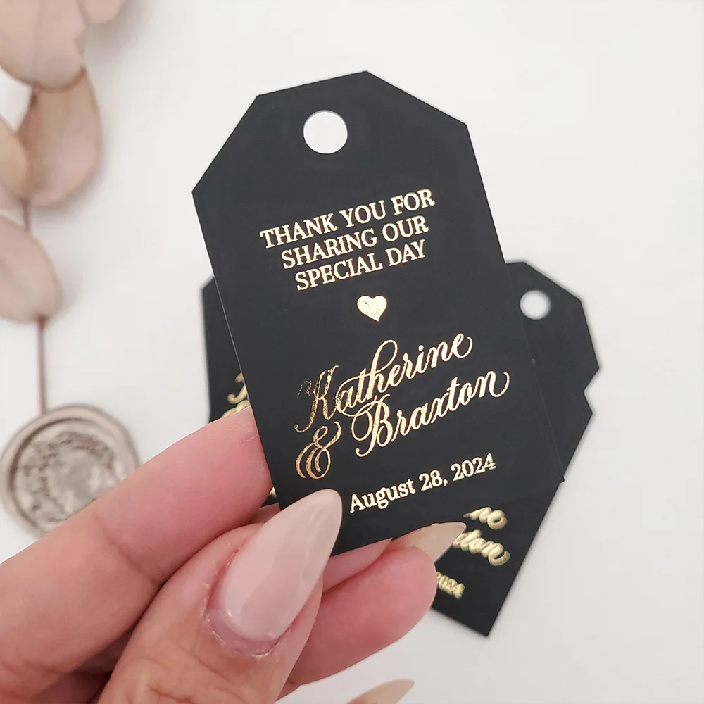 Personalized Tags, Hang Labels, Candy Favors Gift Tag, Custom Thank You Gift Tags with Hole Gold Foiled Wedding Party Decoration