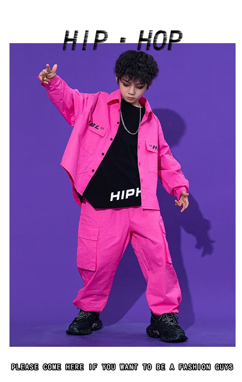 Kids Kpop Costume Tooling Coat Cargo Pants Girls Concert Group Hiphop Performance Outfit Pink Hip Hop Dance Clothes