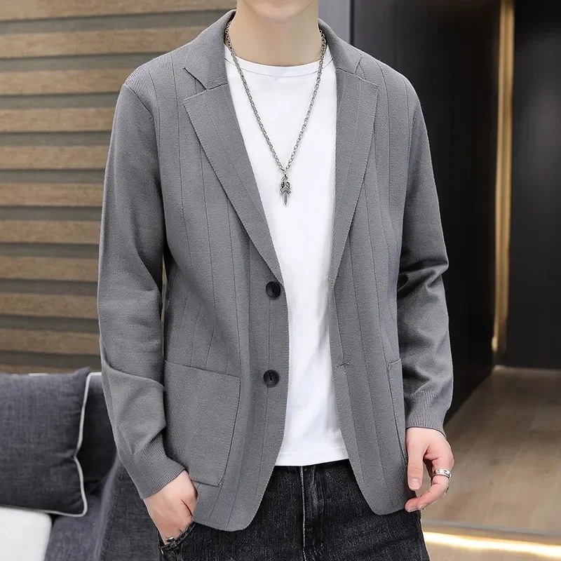 

HOO 2024 Men's Spring Cardigan Knitted blazer Youth Fashion All-Match Casual Knitted blazer