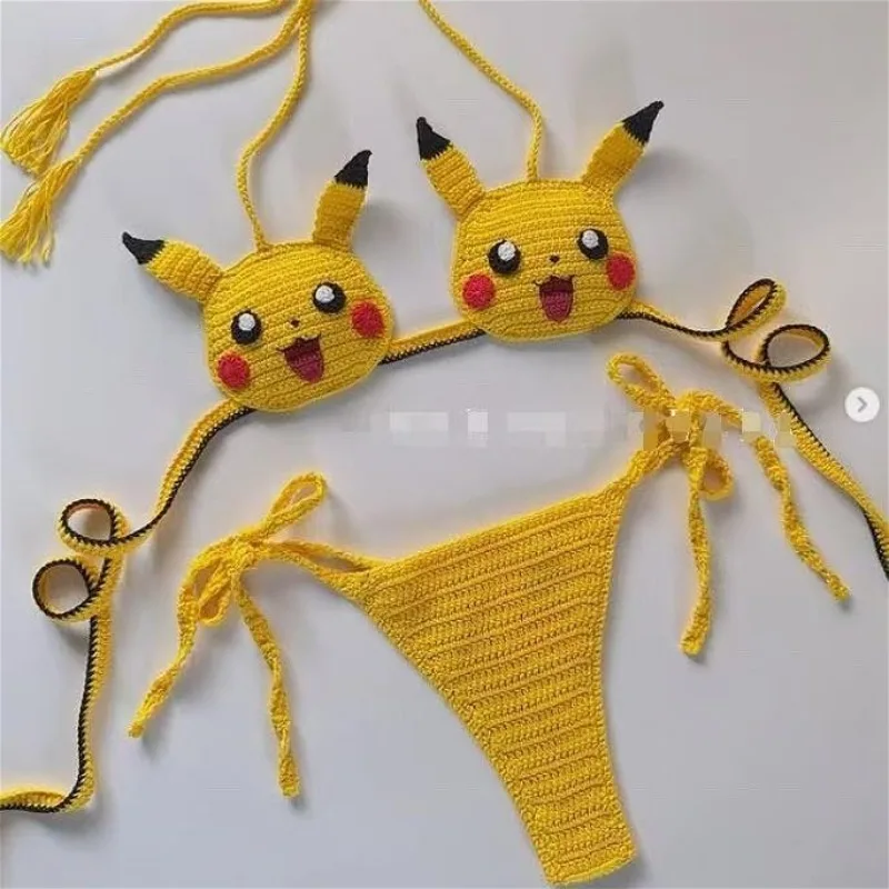 2 قطعة مجموعة البيكينيات الكروشيه اليدوية لطيف Kuromi سانريو الفتيات مثير ملابس السباحة الكرتون حزام المرأة بيكيني ثوب السباحة ملابس الشاطئ