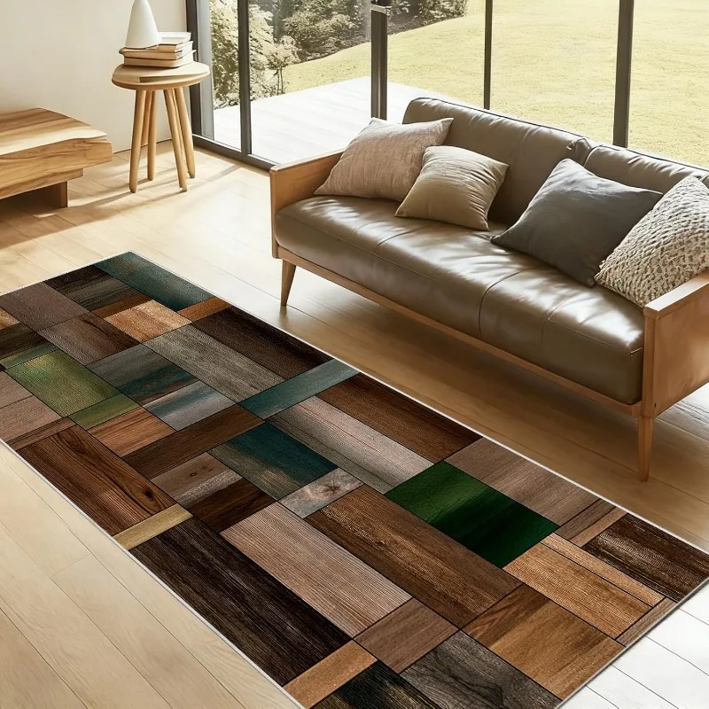 Wooden Patchwork Geometric Runner Rug Multicolor Square Collage Carpet Soft Non-Slip Modern Artistic Home Decor Mat for Hallway