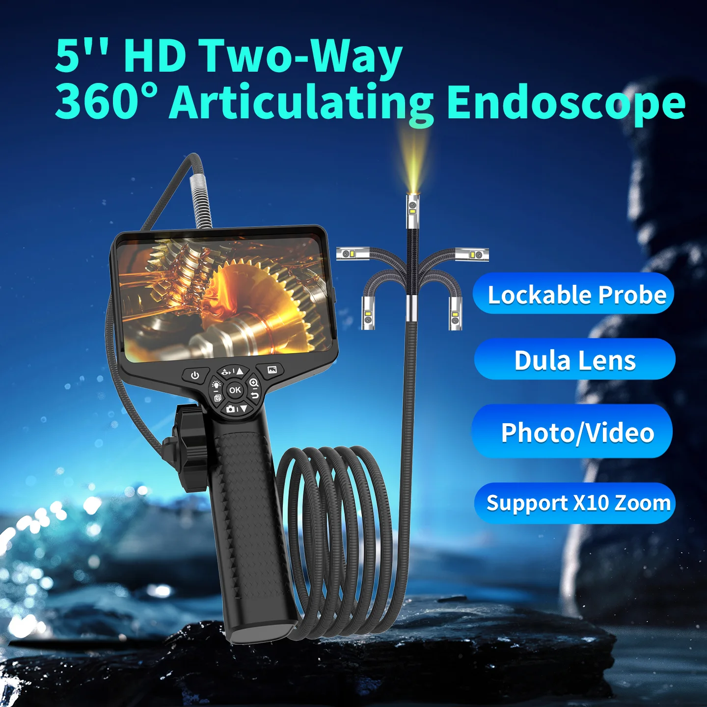 Popular Industrial Borescope 360° Steerable Real-Time 2MP Pixel USB Endoscope 6.0mm Pipe Inspection Camera HD Display Car Repair