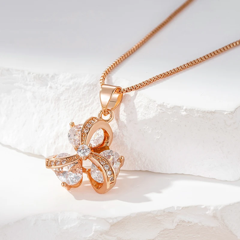 Wbmqda 585 Rose Gold Color Luxury Crystal Flower Necklace Pendant For Women With White Natural Zircon 2023 Trendy Neck Chain