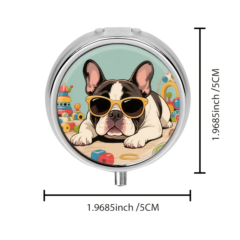 French Bulldog Metal Pill Box Portable 3-Compartment Small Medicine Box Mini Vitamin Storage Box Travel Pill Case Suitable for Wallet Cool Dog Pattern Storage Box Waterproof and Durable Unique Creative Gift for Rabies Lovers Office Outdoor Use Green