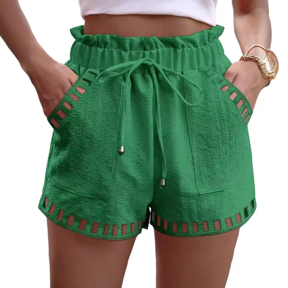 

Summer Women Shorts Drawstring Shirring Edge Hollow Out Side Pockets Loose Above Knee Length Sport Mini Shorts 여성반바지