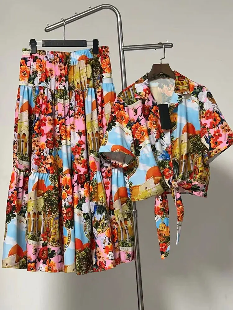 

Новый летний женский костюм в стиле ретро: укороченный топ без бретелек с отложным воротником и однобортной застежкой + модный А-образный комплект с эластичной талией