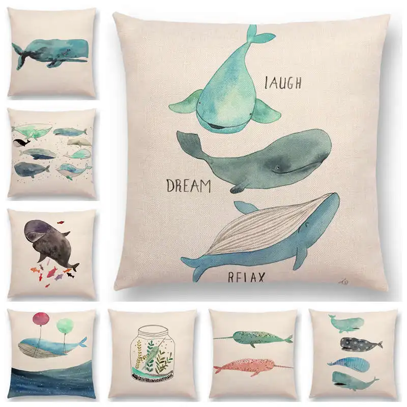 

Newest Fashion Nordic Style Whale Cushion Cover Ocean Whales Home Pillow Case Linen Cotton Pillows Covers