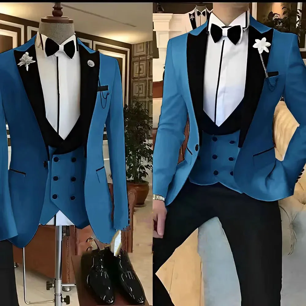 Customized Men Suits 3 Piece Slim Fit One Button Peak Lapel Regular Length Jacket Pants Vest Full Sets Prom Wedding Blazer Terno