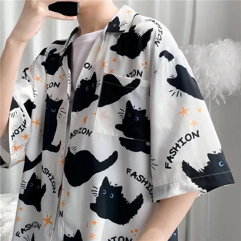 Summer High Quality Mens Shirt 3D White Cat Printed Short Lapel Sleeve Big Size Hawaii Men Clothing Beach Design Shirts 2023