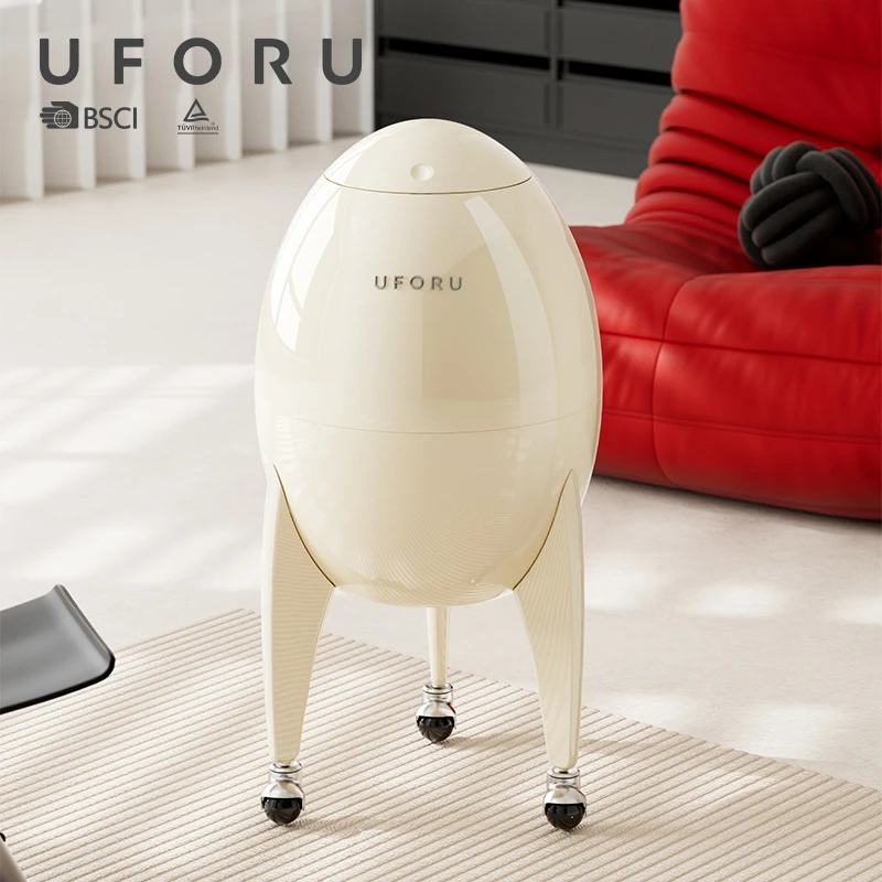 UFORU Anti-toppling Creative Trash Can One-hand Operation Triangular Support Mobile Wheels Waste Bin for Living Room