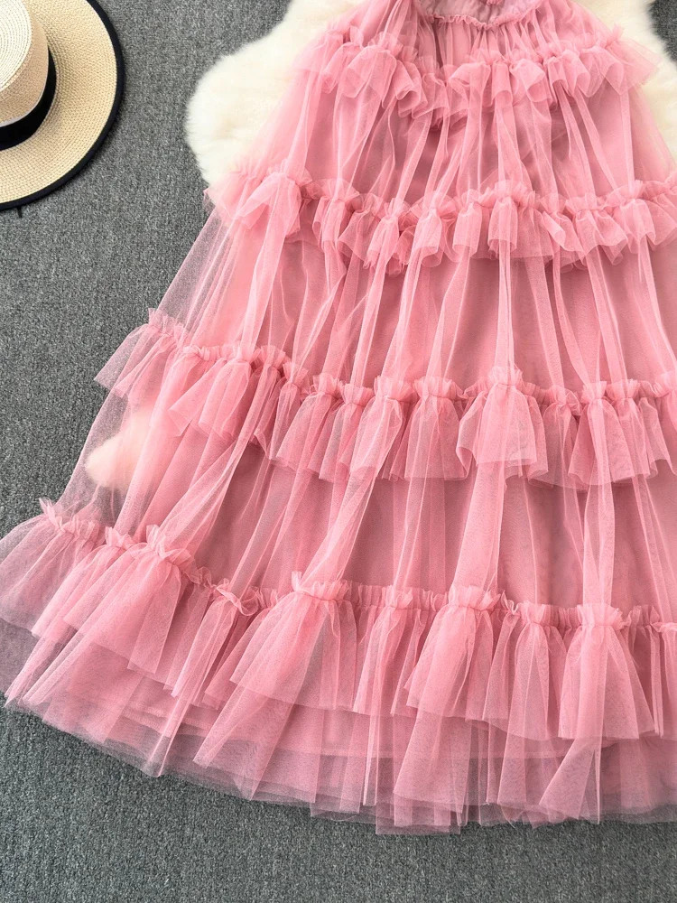 Summer New Fashion V-neck Backless Suspender Long Dress for Women\'s Pink Beach Vacation A-line Mesh Cake Dress A32