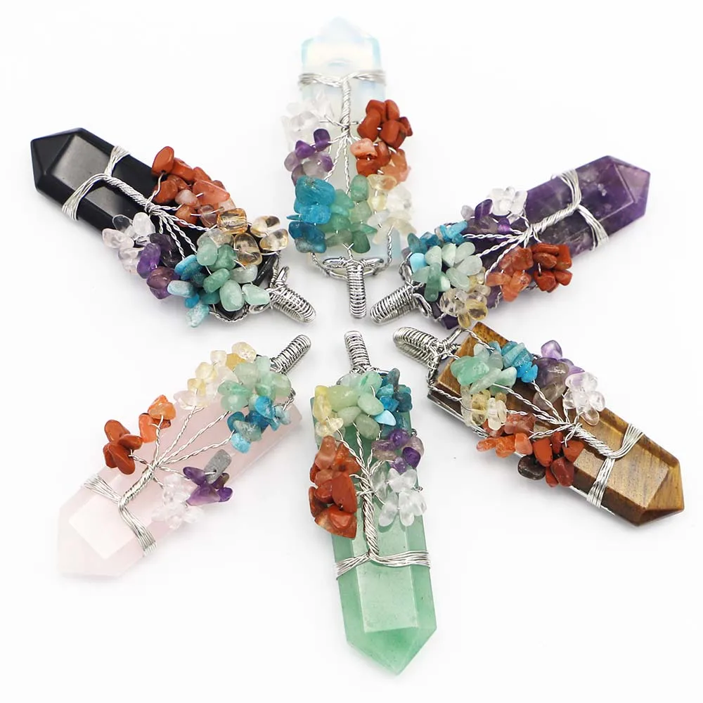 Natural Stone Crystal Sword Shaped Pendant Hand Wound Colorful Life Tree Necklace Fashion DIY Jewelry Accessories Wholesale 4Pcs