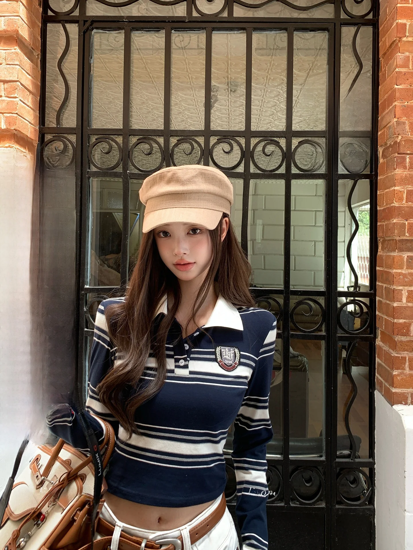 

LIONE Miu College винтажная футболка в полоску Ne Long Sve, эластичная женская повседневная футболка из хлопка и полиэстера, длина топа