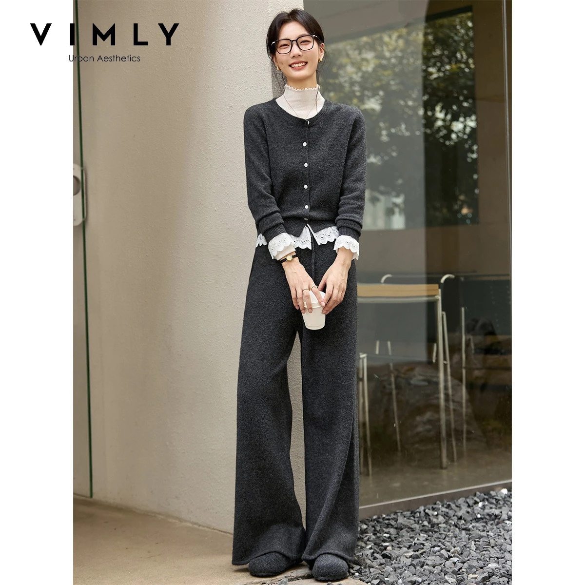 VIMLY Gray Knit Two-Piece Set Women 2026 Fall New Grayscale Lace Trim Spliced Knit Cardigan Wide-leg Baggy Pants Female 75117