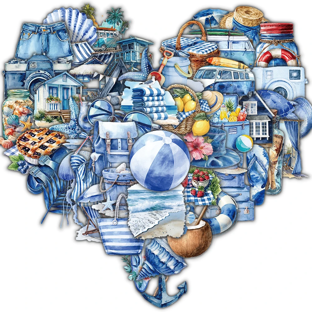50PCS Summer Beach Blue Theme Stickers Nostalgia Harajuku Home Luggage Stationery Cartoon Notebook Guitar Skateboard Sticker