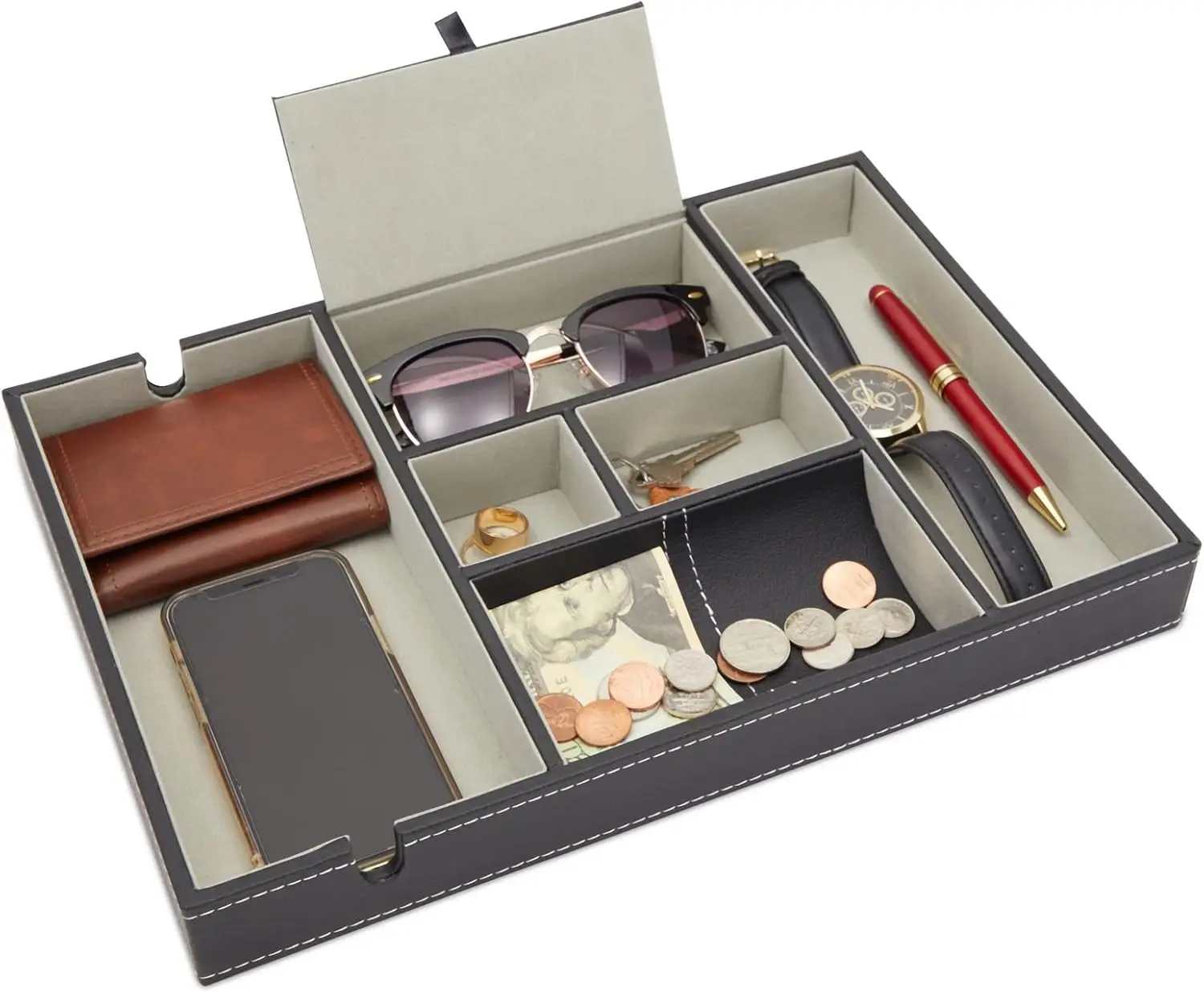 

Черный тумбочка из искусственной кожи, 14x10x1,5 дюйма, органайзер-футляр с 6 отделениями для часов, ювелирных изделий и ключей