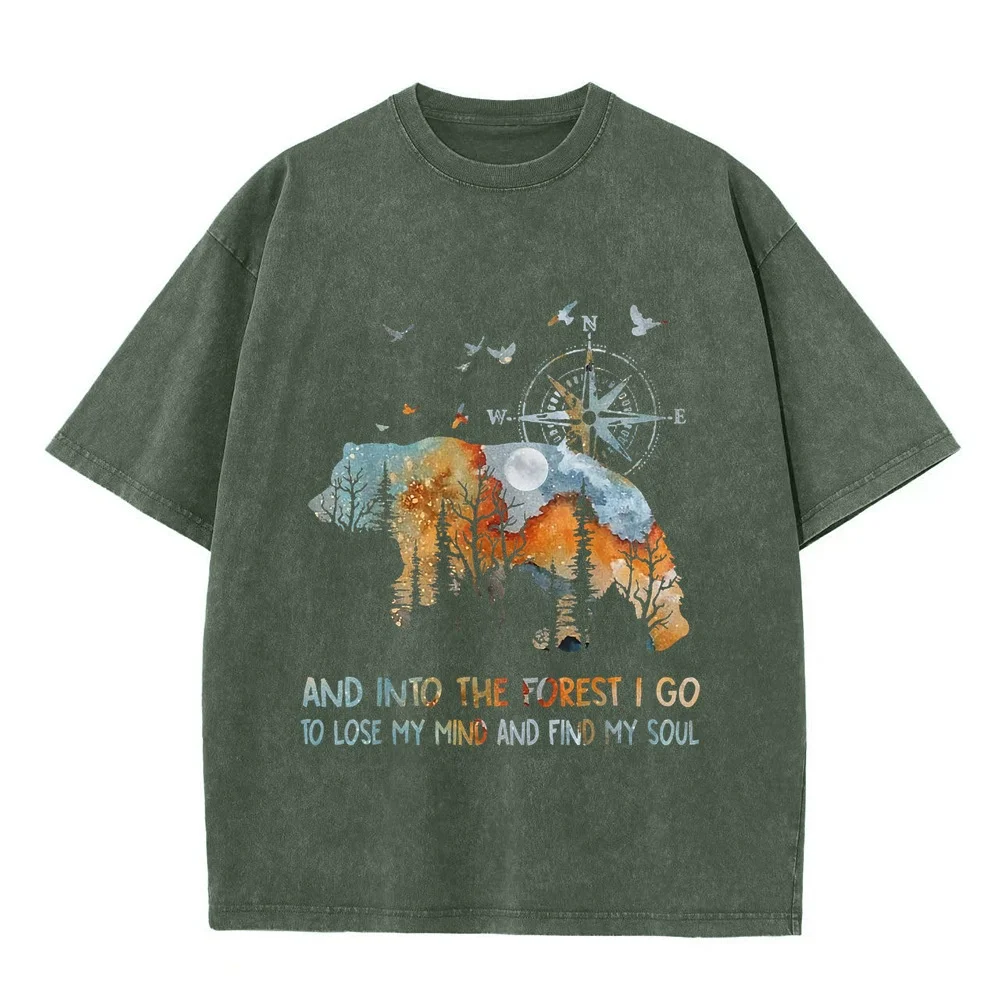 And Into The Forest I Go To Lose My Mind Find Soul Camping Bear T-Shirt 하라주쿠 New Natural Cotton T Shirt Humor Short Sleeve