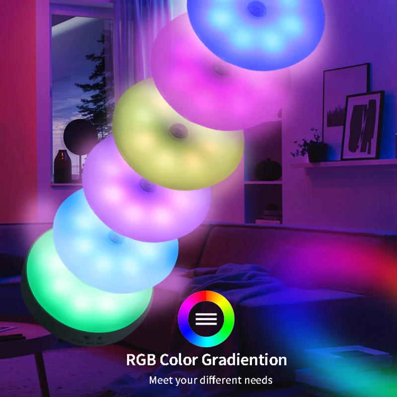 

Colorful LED Night Light Motion Sensor Lights Wireless Magnetic Round Night Lamp Kitchen Cabinet Bedroom Atmosphere Decor