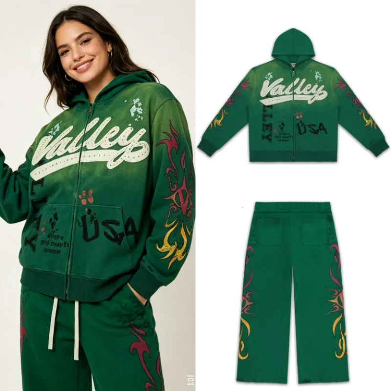 New Arrival VALLEY DREAMS Rhinestone Letter Zip Up Hoodie Unisex Loose Flame Sleeve Print Street Jacket