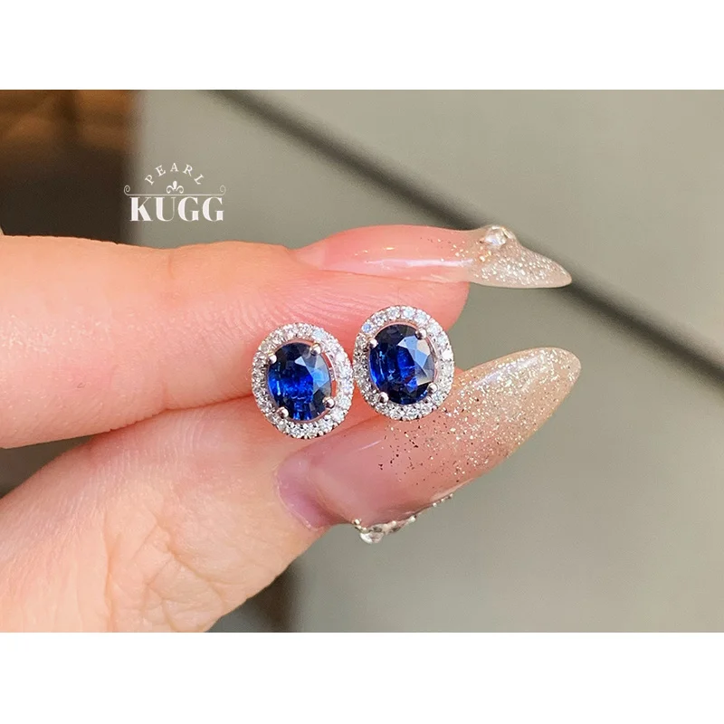 

KUGG серьги из 100% белого золота 18 карат, элегантные, нежные, роскошные серьги-гвоздики с бриллиантами и натуральным сапфиром для женщин, изящные ювелирные изделия