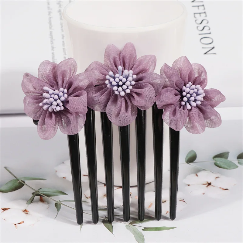 Fashion Flower Inserted Comb Tiara Hair Accessories for Women Retro Elegant Silk Seven Tooth Hairpin Headwear Mom's Jewelry Gift