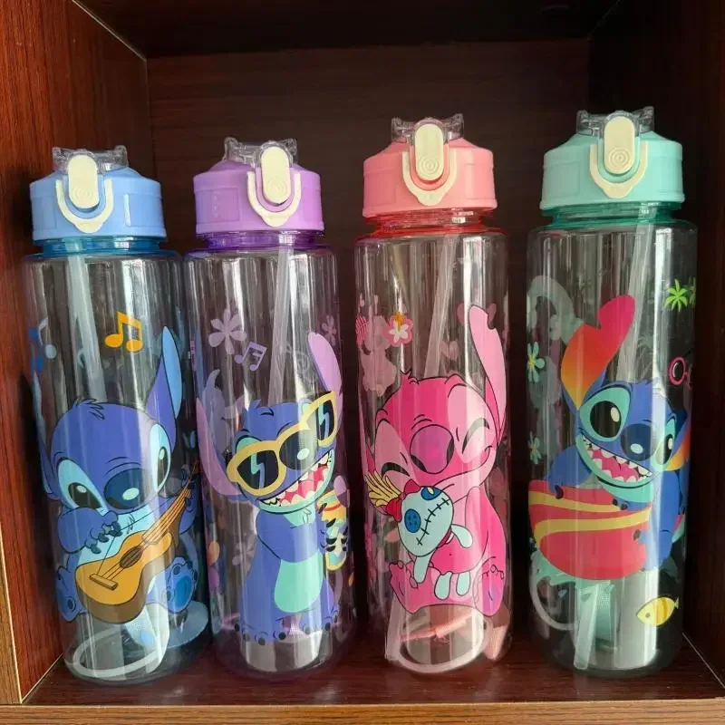 Gourde portable Stitch Angel de 800 ml, grande capacité, en plastique transparent, avec figurines de dessins animés, pour sports de plein air, cadeaux de Noël